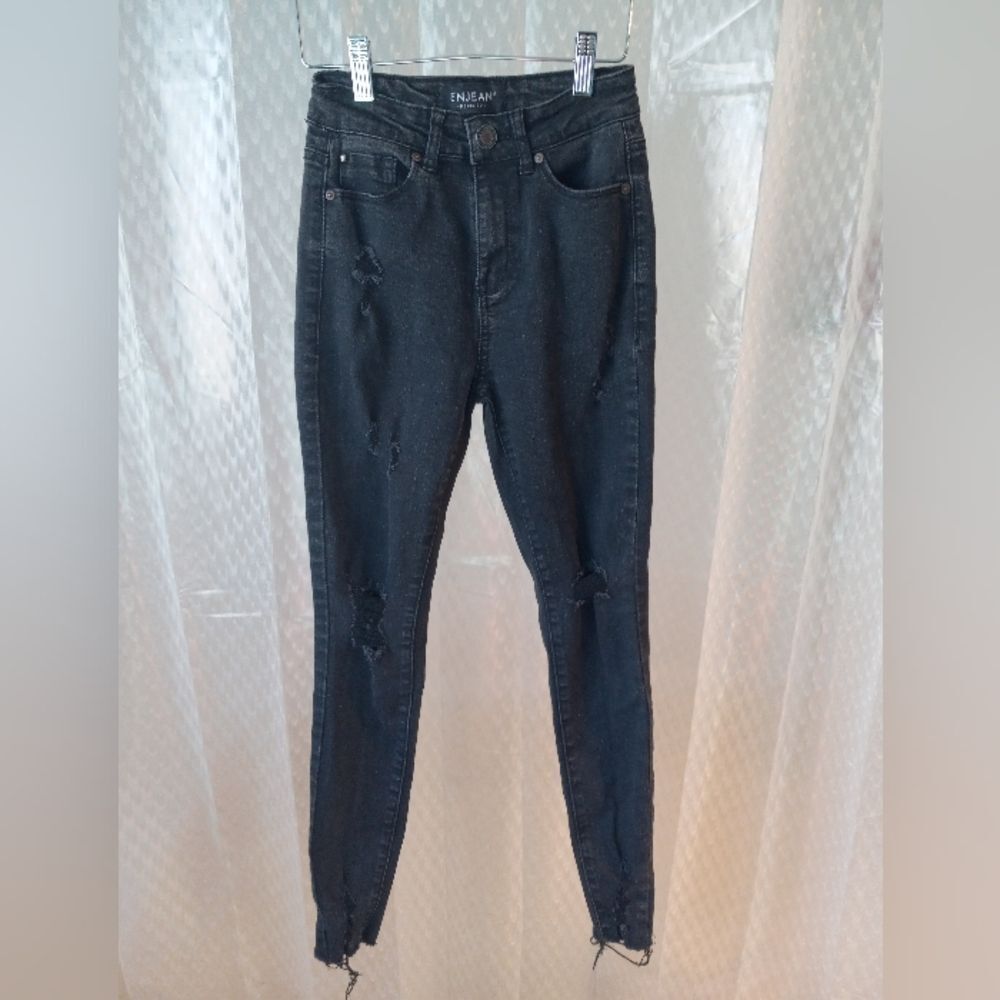 Enjean Black High Rise Skinny Jeans Size 0 Juniors Distressed Raw Hem Denim